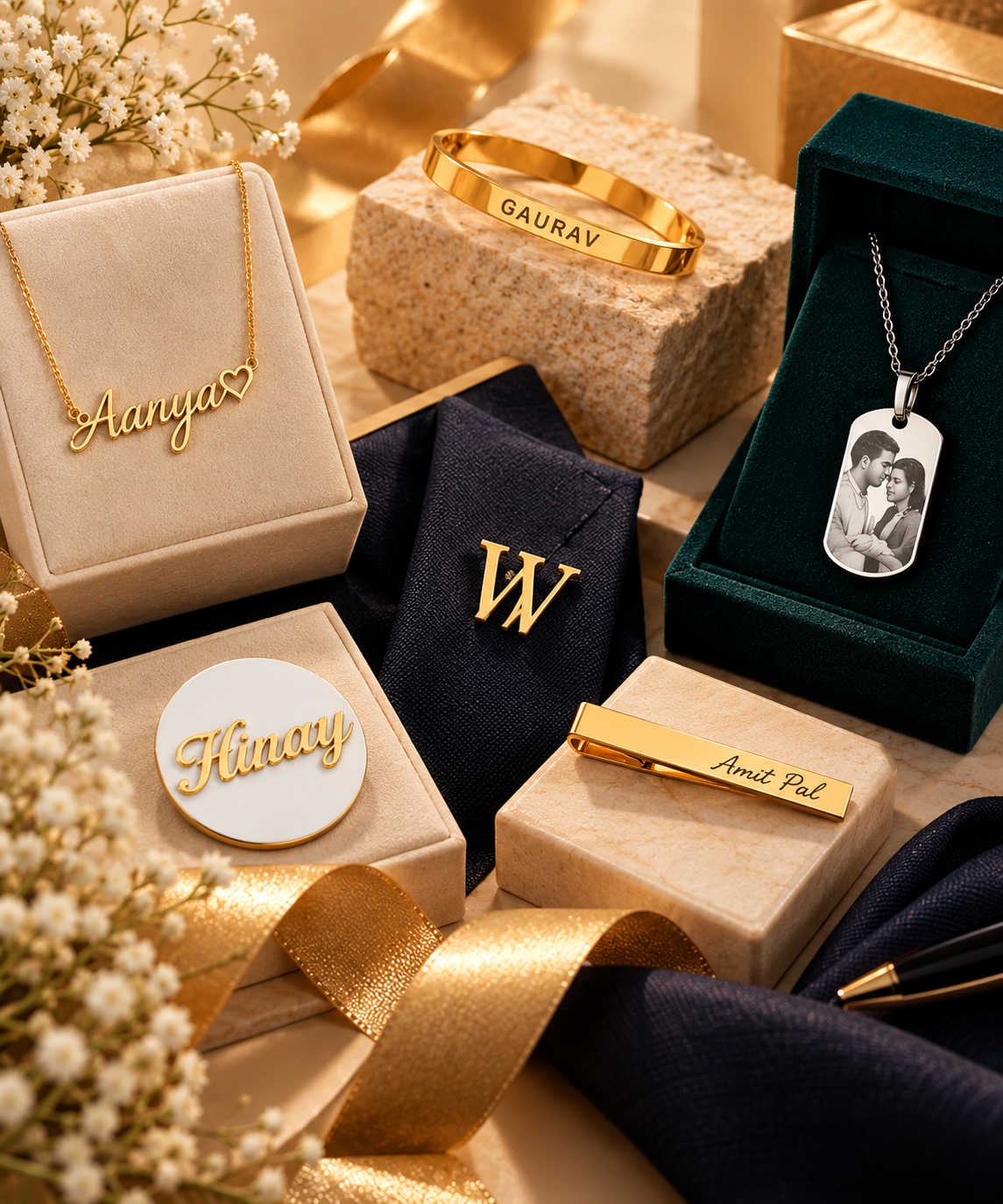 Luxury personalized gifts featuring custom name necklace, engraved name bracelet, personalized brooch, custom tie clip, and photo pendant arranged in elegant gift boxes.