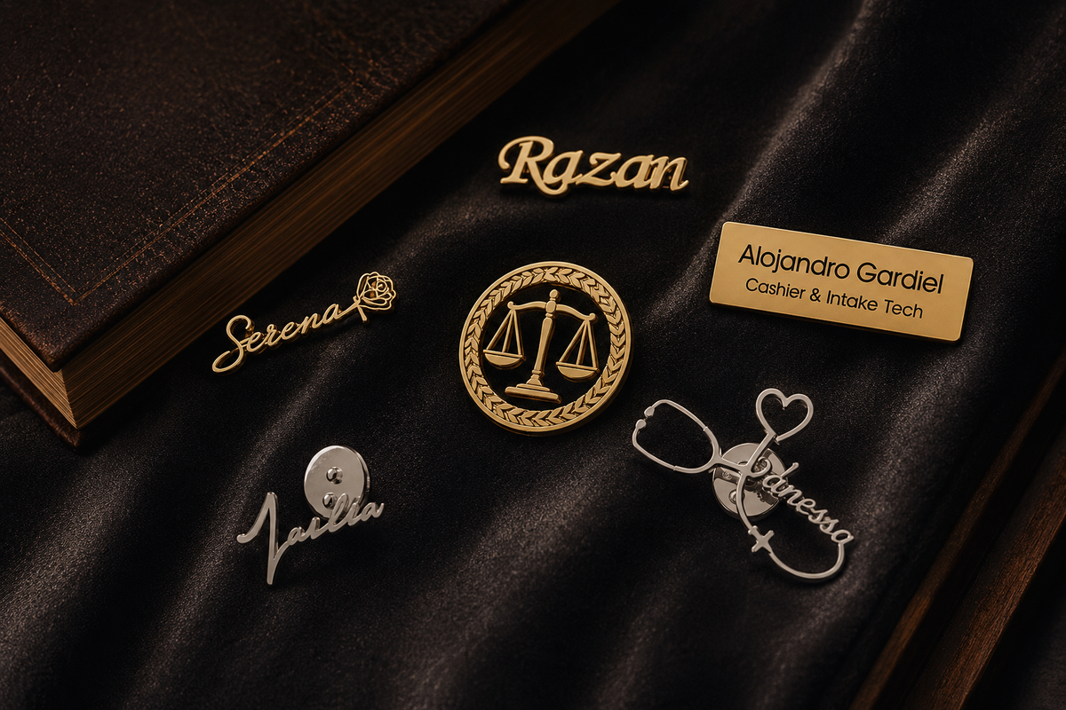Luxury personalized name brooch collection featuring custom name pins, professional badges, and premium gold and silver lapel brooches displayed on elegant black satin fabric.