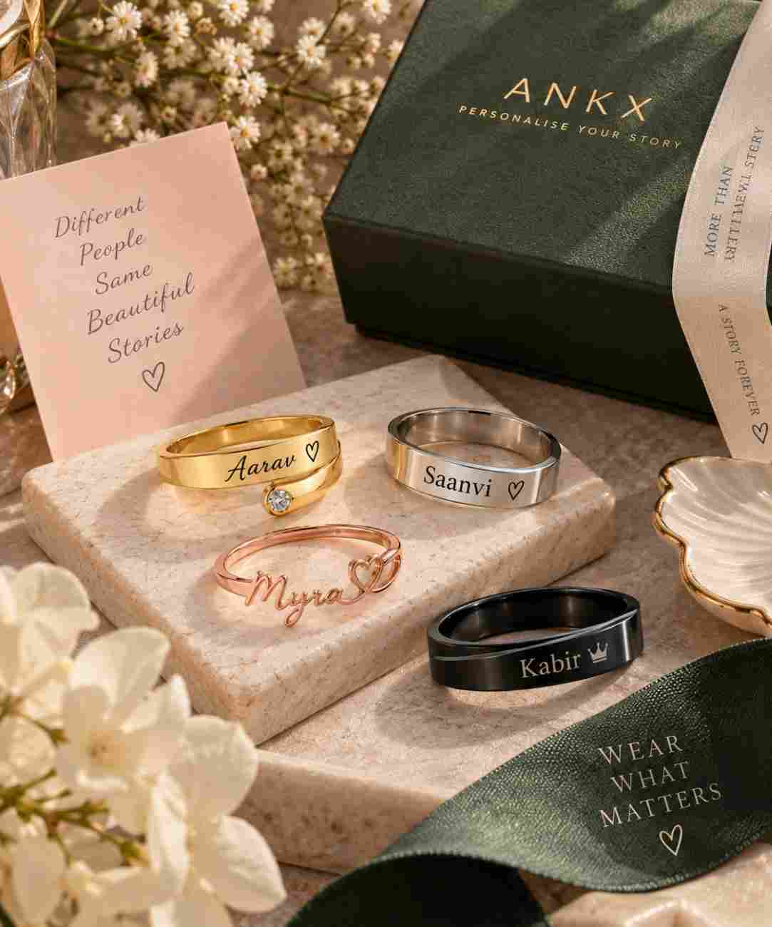 Personalized jewelry featuring custom engraved rings