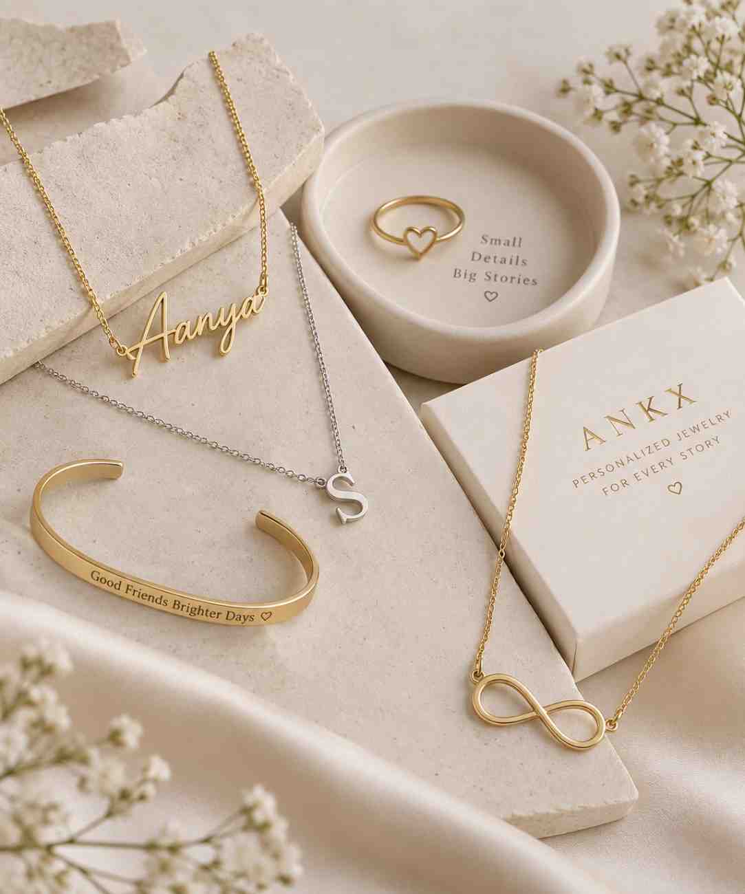 Minimal jewelry collection with elegant everyday necklaces, bracelets and rings