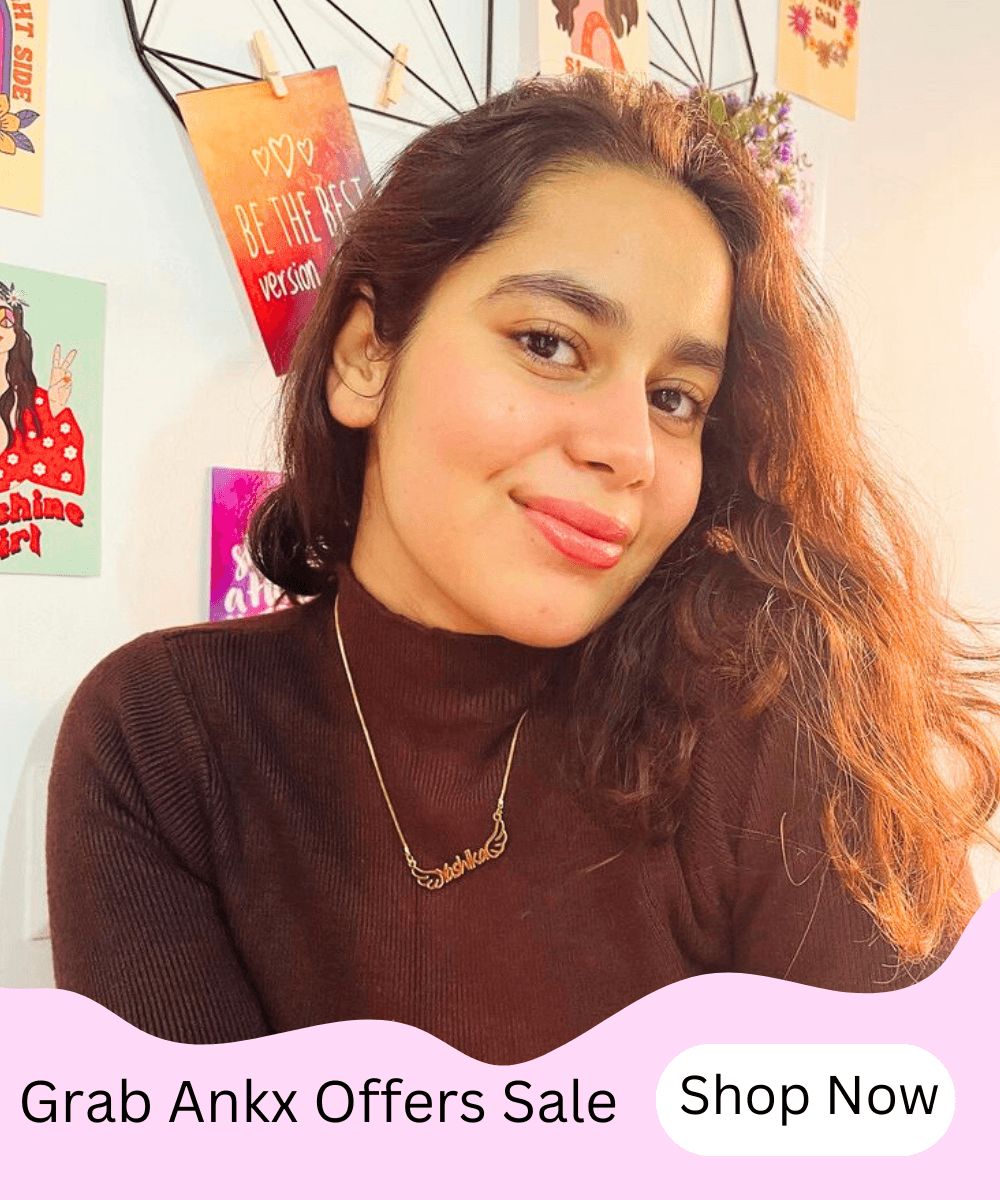 Young woman wearing a personalized name necklace showcasing The Ultimate Guide to Personalized Name Necklace Jewellery BY FOR ANKX