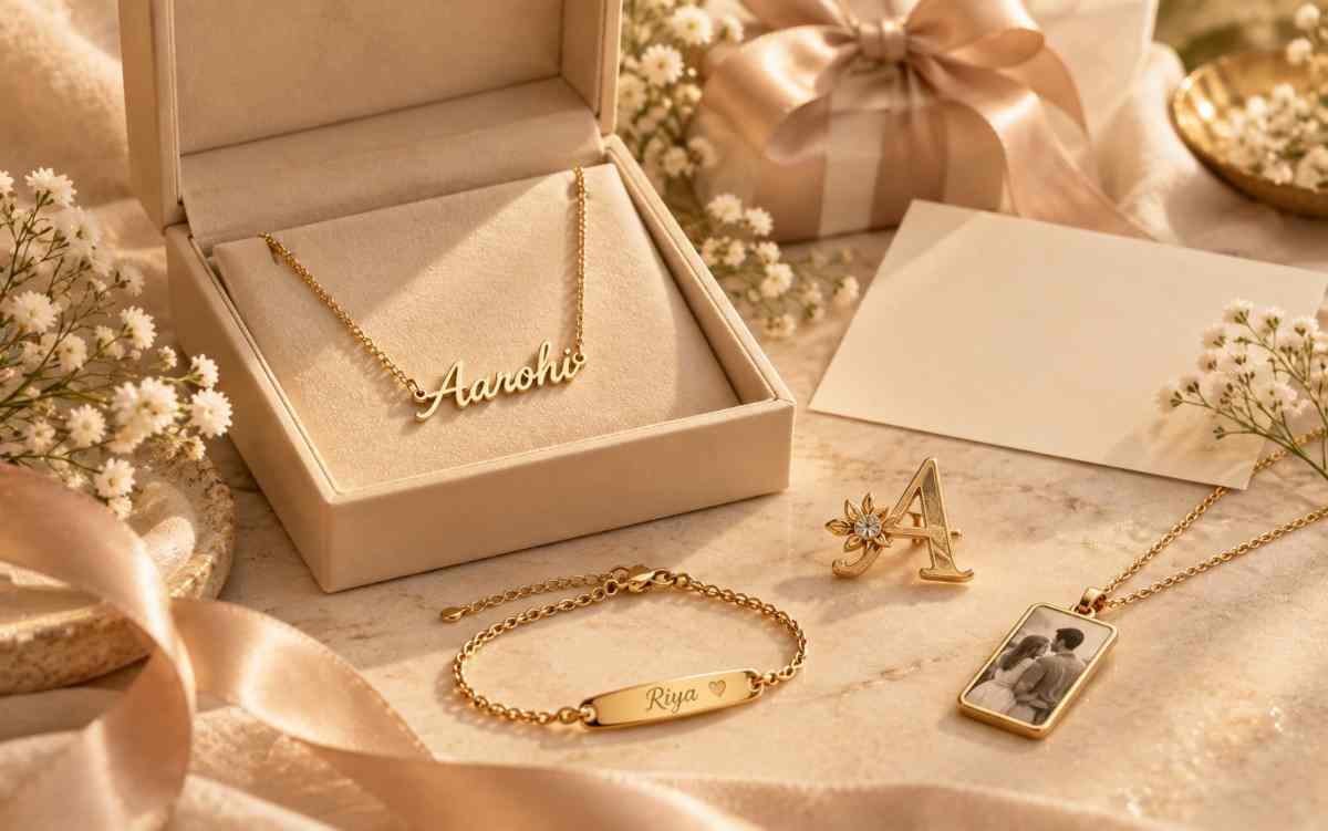Meaningful personalized jewelry gifts in a cream gift box with gold necklace, engraved bracelet, flowers, ribbon and handwritten note