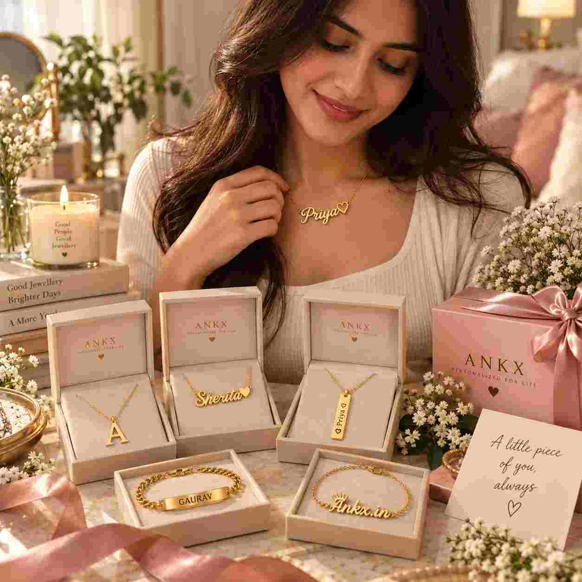 Young woman wearing a personalized gold name necklace while showcasing ANKX personalized jewellery in elegant gift boxes. Premium cream and gold setting with flowers, gift packaging, and warm natural lighting.
