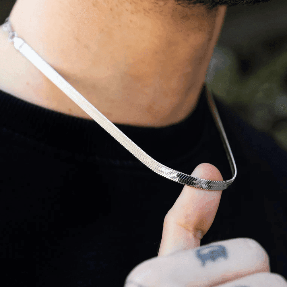 Close-up of a man wearing a silver chain necklace showcasing Special Jewellery for Men Unique Gift By Ankx
