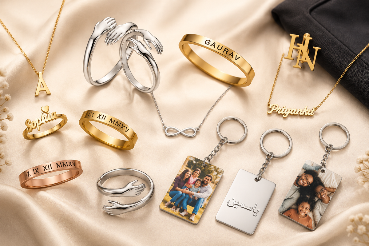 Best custom gifts available online featuring personalized name necklace, custom name rings, infinity necklace, hug ring, personalized brooch, Urdu name necklace and photo keychains by ANKX.