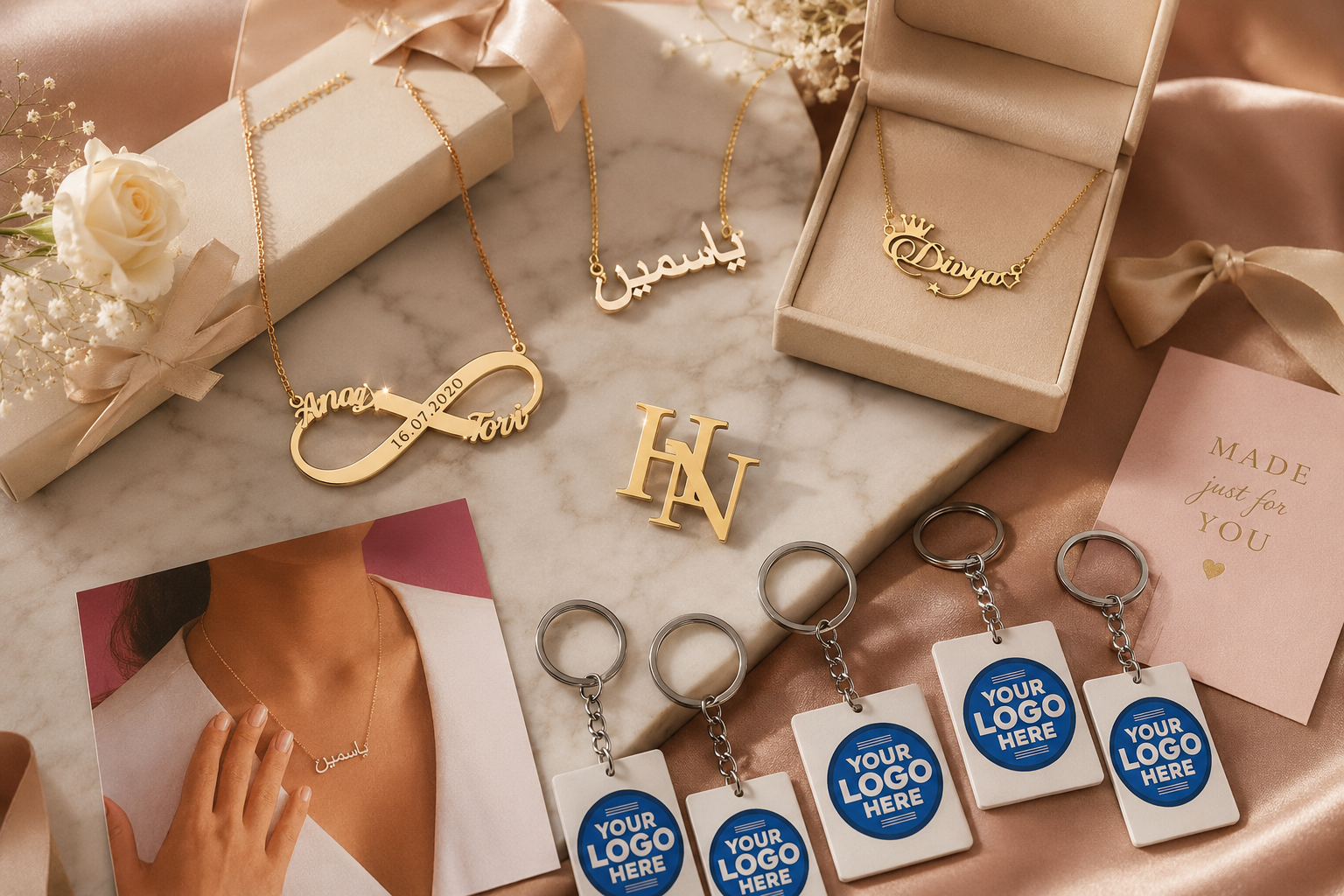 Luxury personalized gifts in India featuring custom name necklaces, Urdu name necklace, initial brooch, infinity necklace and personalized keychains by ANKX.
