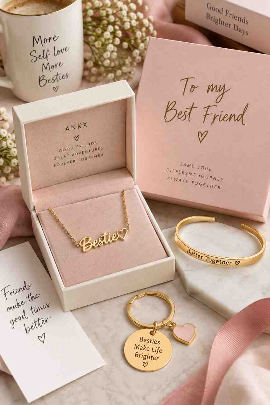 Best friend gifts featuring personalized jewelry, a Bestie necklace, engraved bracelet, and custom keychain in elegant gift boxes.
