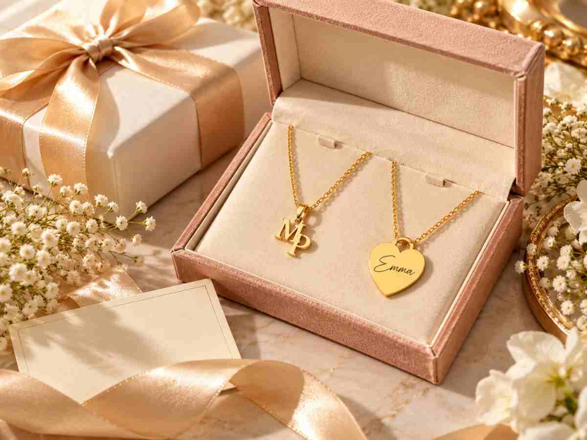 Personalized MP initial necklace and heart name necklace displayed in an elegant pink jewellery gift box with champagne ribbon, white flowers and luxury gifting decor.