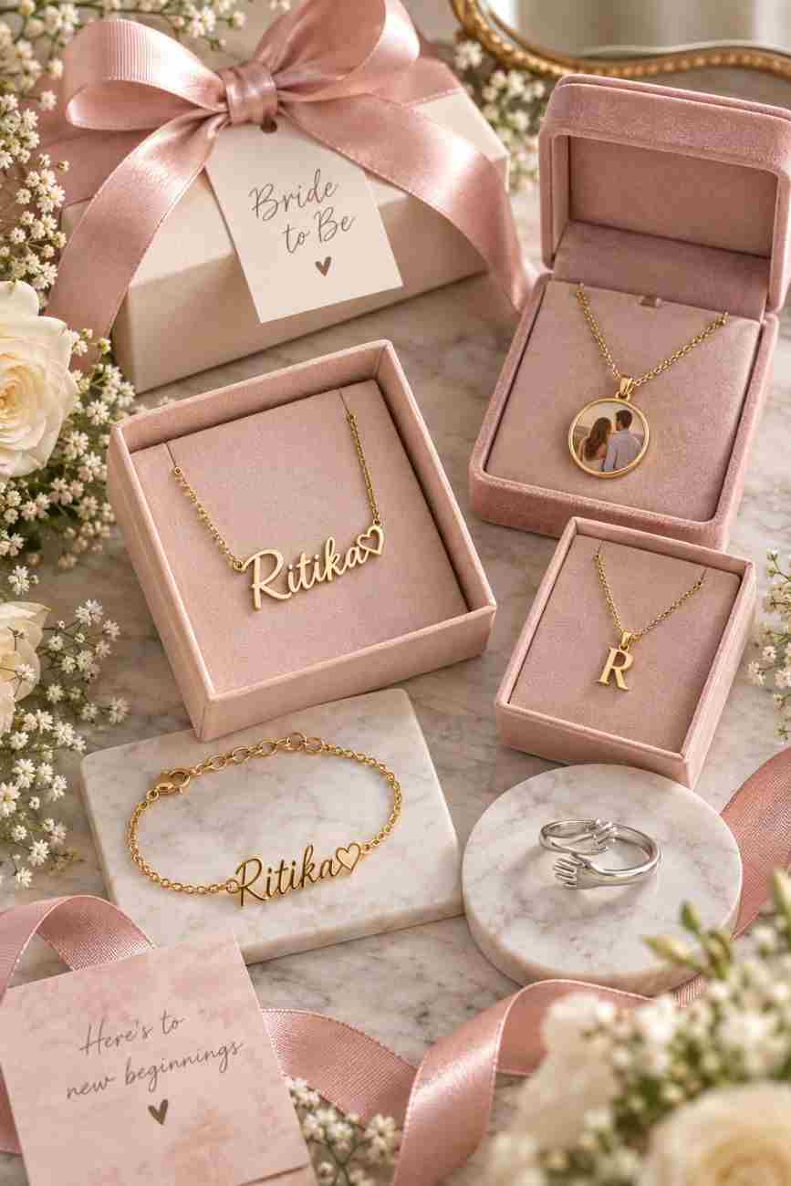 Engraved pendant necklace with initials, shown as a bride-to-be gift