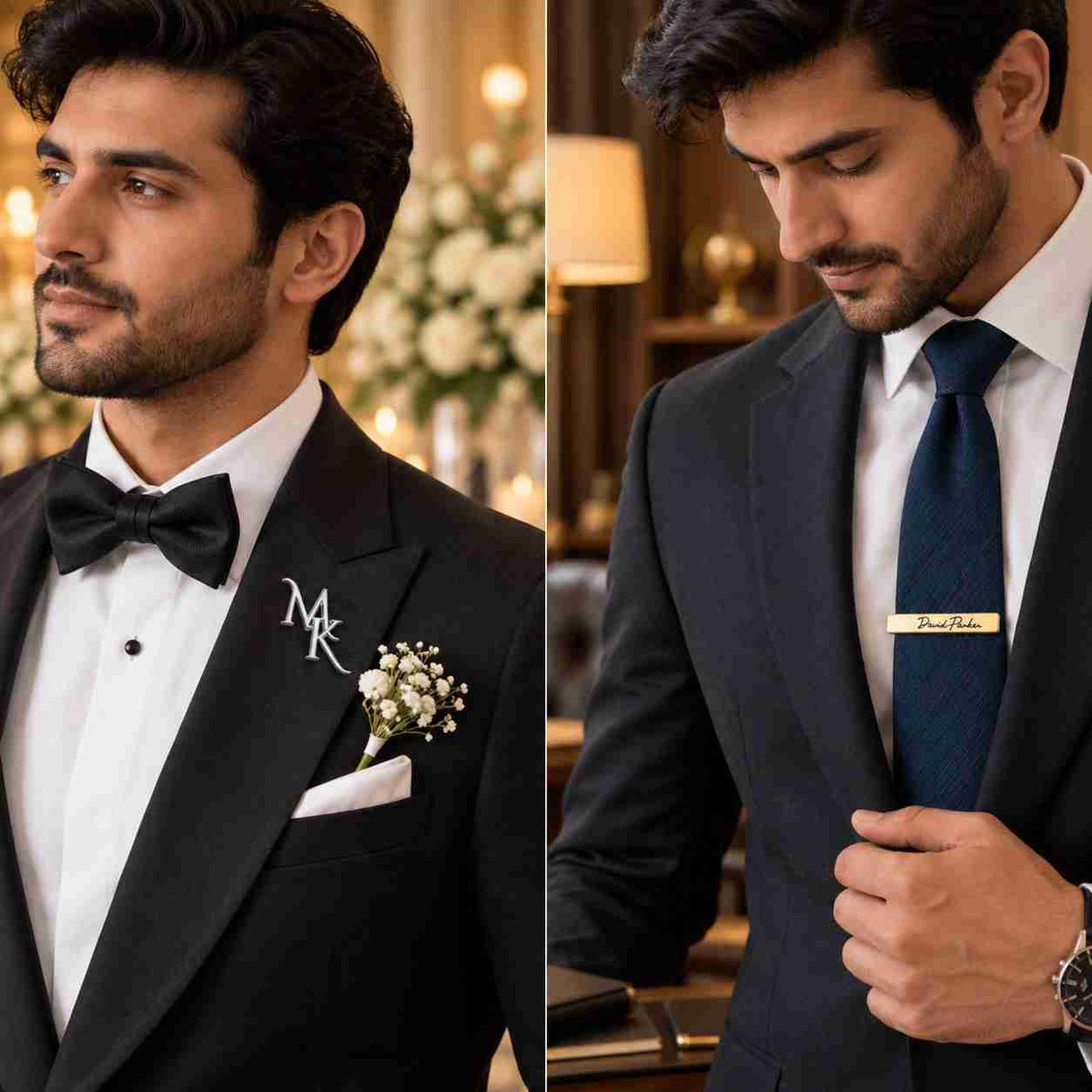 Split image comparing a personalized monogram brooch on a black tuxedo lapel with a boutonnière, next to a custom name-engraved gold tie clip on a navy tie with a charcoal suit