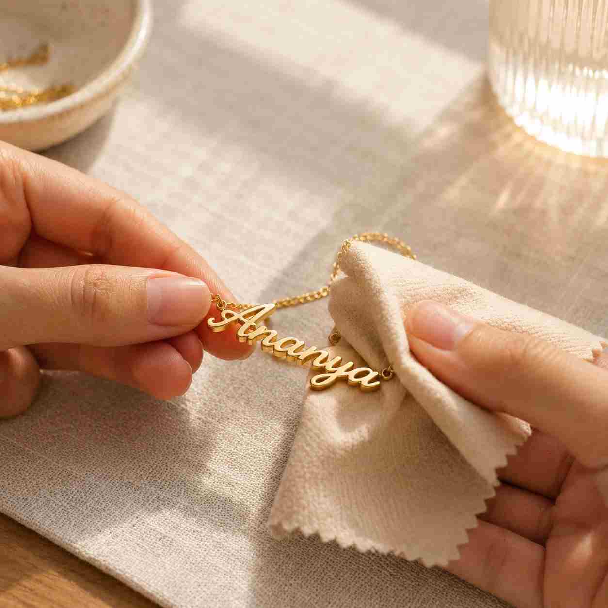Soft cloth being used to gently clean an engraved gold-plated pendant