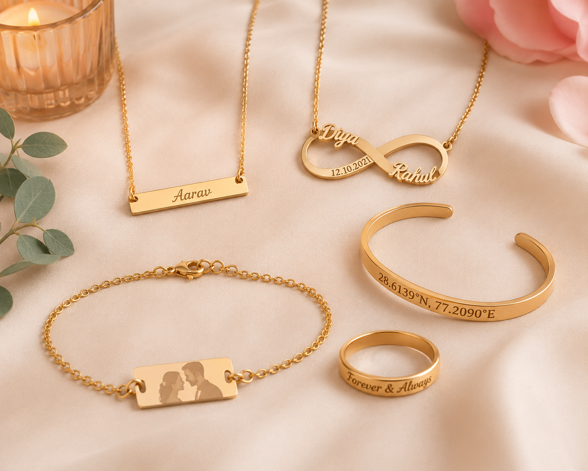 Gold custom Bar Name Necklace, Couple Name Necklace With Date, engraved photo bracelet, coordinate cuff, and personalized ring, unique anniversary gifts for couples by Ankx