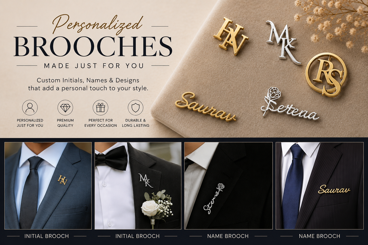 Custom Initials Brooch and Personalized Name Brooch designs displayed on formal suits, showcasing custom lapel pins and name brooches for men
