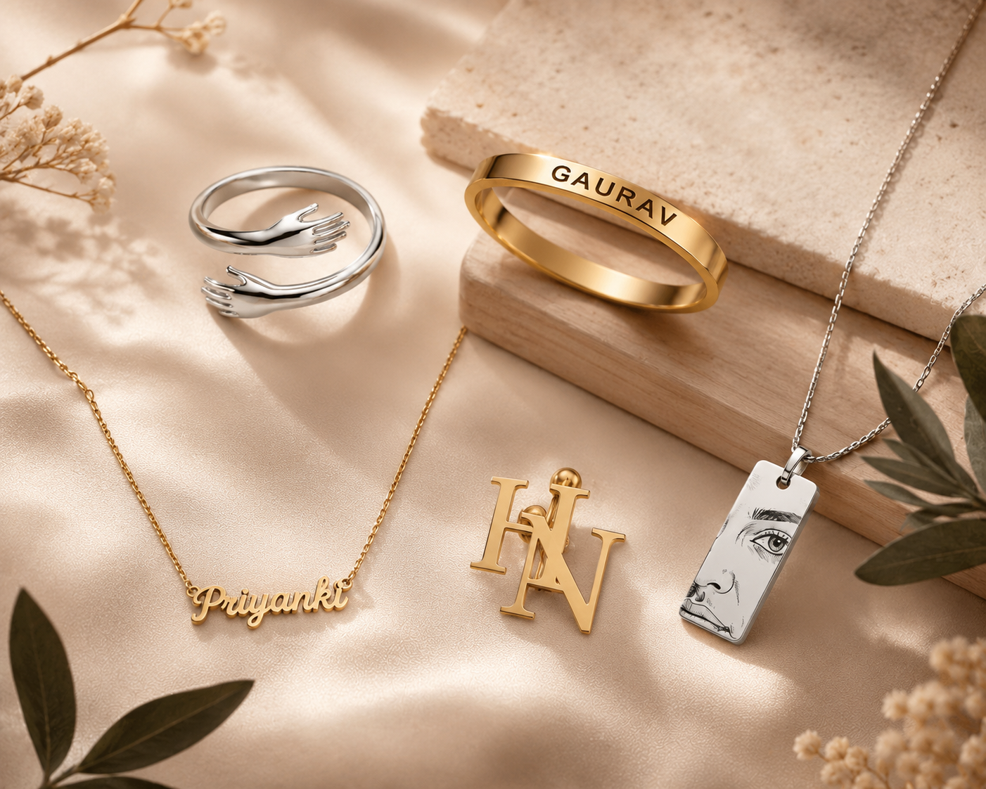 Personalized jewelry gifts including custom name necklace, engraved bracelet, initials brooch, photo pendant necklace and hug ring for men and women by ANKX.
