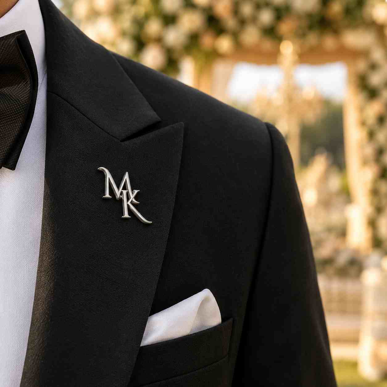 custom brooch on blazer wore by man , ankx, silver colour 2 letters name custom