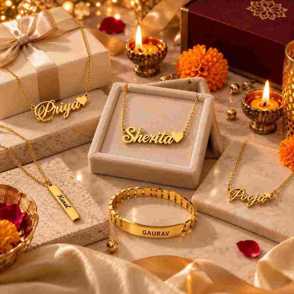 "Personalized gold name necklace, a popular Diwali gift" by order at ankx