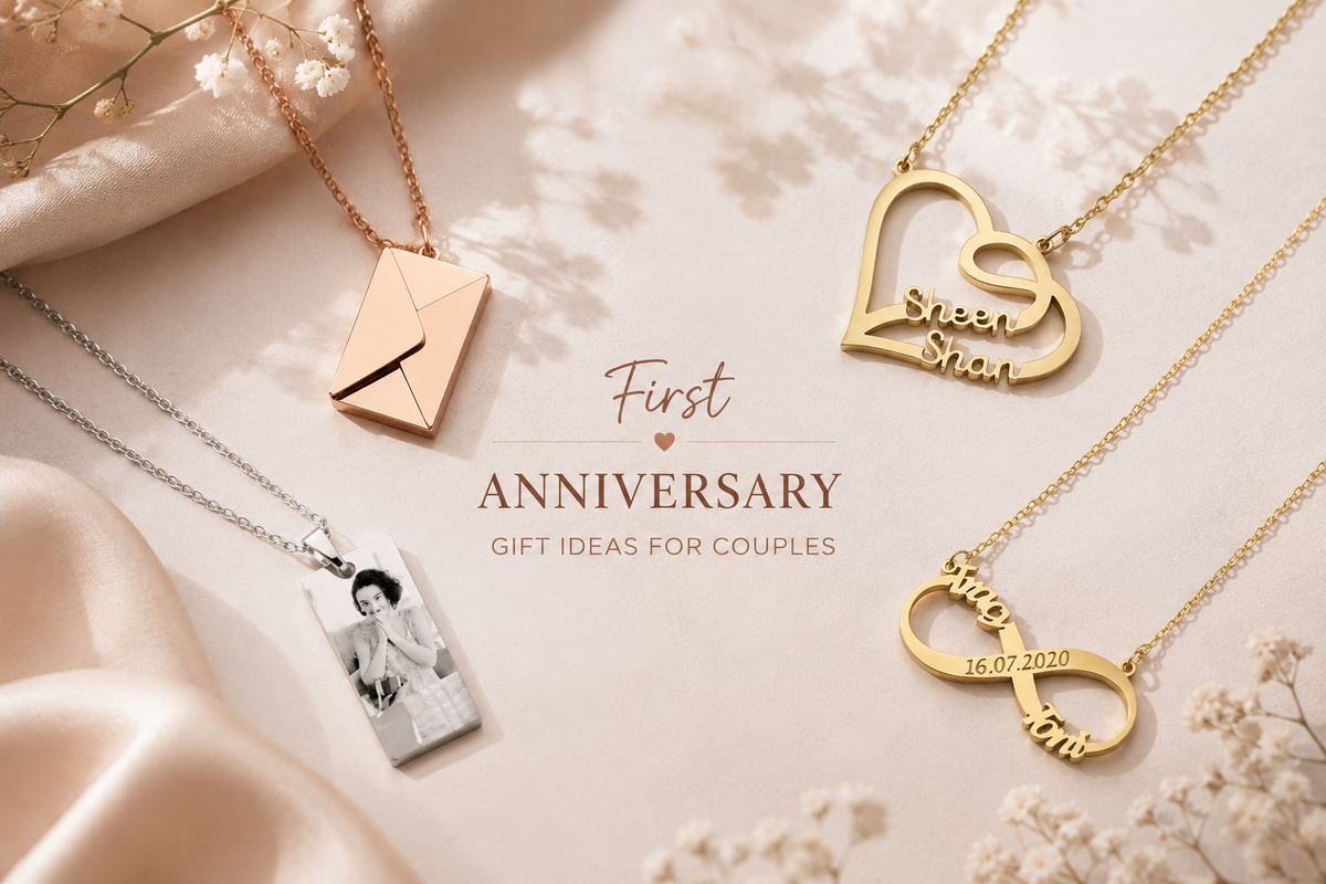 Personalized jewelry gift ideas for first anniversary including gold infinity name necklace with date, heart-shaped couple name necklace, silver photo necklace, and rose gold secret message envelope necklace