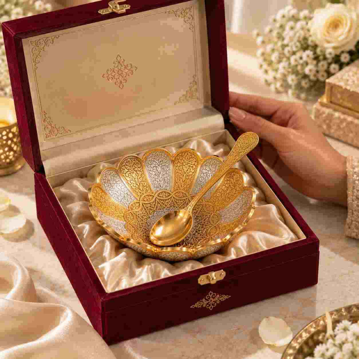 Ornate gold and silver German silver bowl set with matching spoon displayed in an elegant maroon wooden gift box with satin lining.
