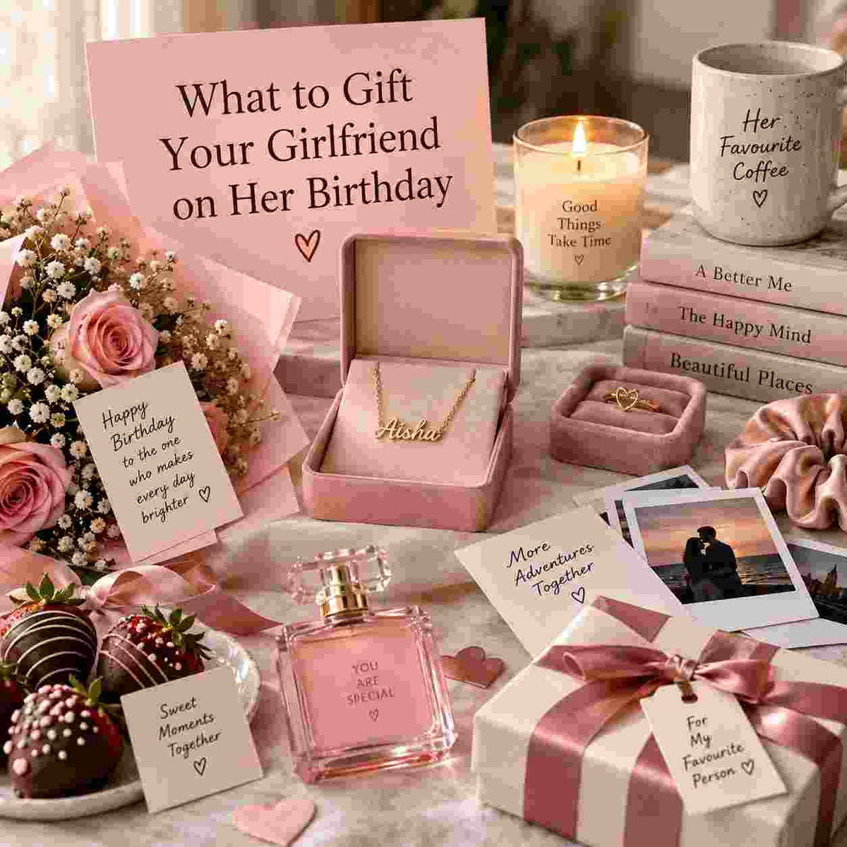 Romantic birthday gift ideas for girlfriend featuring personalized name necklace, flowers, perfume, handwritten notes, chocolates, jewelry and a wrapped gift.
