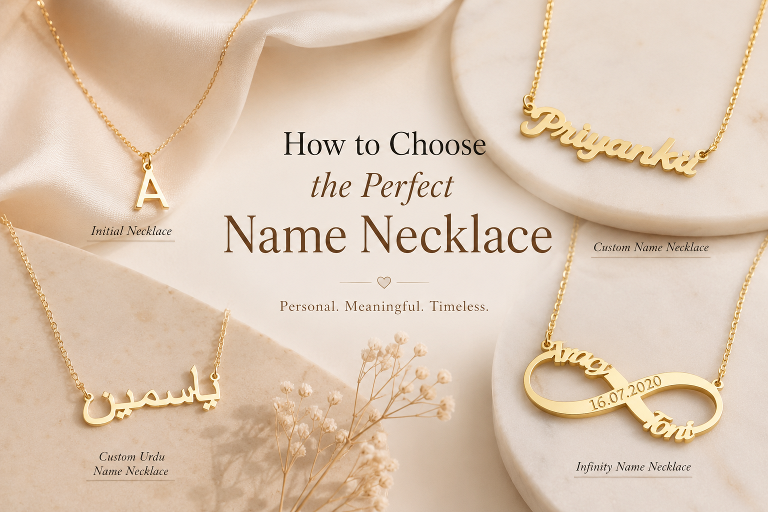 Custom name necklace, initial necklace, infinity name necklace, and personalized jewelry collection showcasing elegant styles to help choose the perfect name necklace.