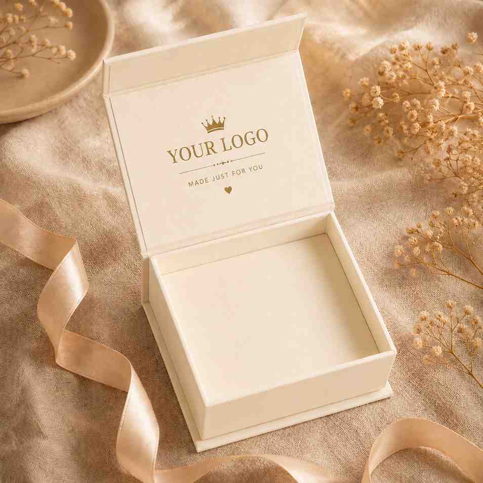 Cream custom jewelry gift box with gold logo, styled with dried flowers