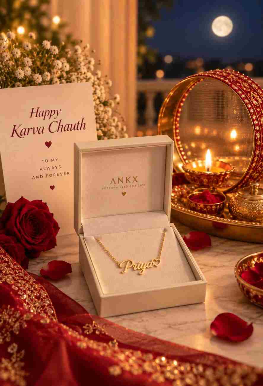 Karva Chauth gift featuring a personalized gold name necklace in an ANKX jewelry box, surrounded by red roses, diya, traditional Karva Chauth thali, sieve, and festive decor under the moonlight.