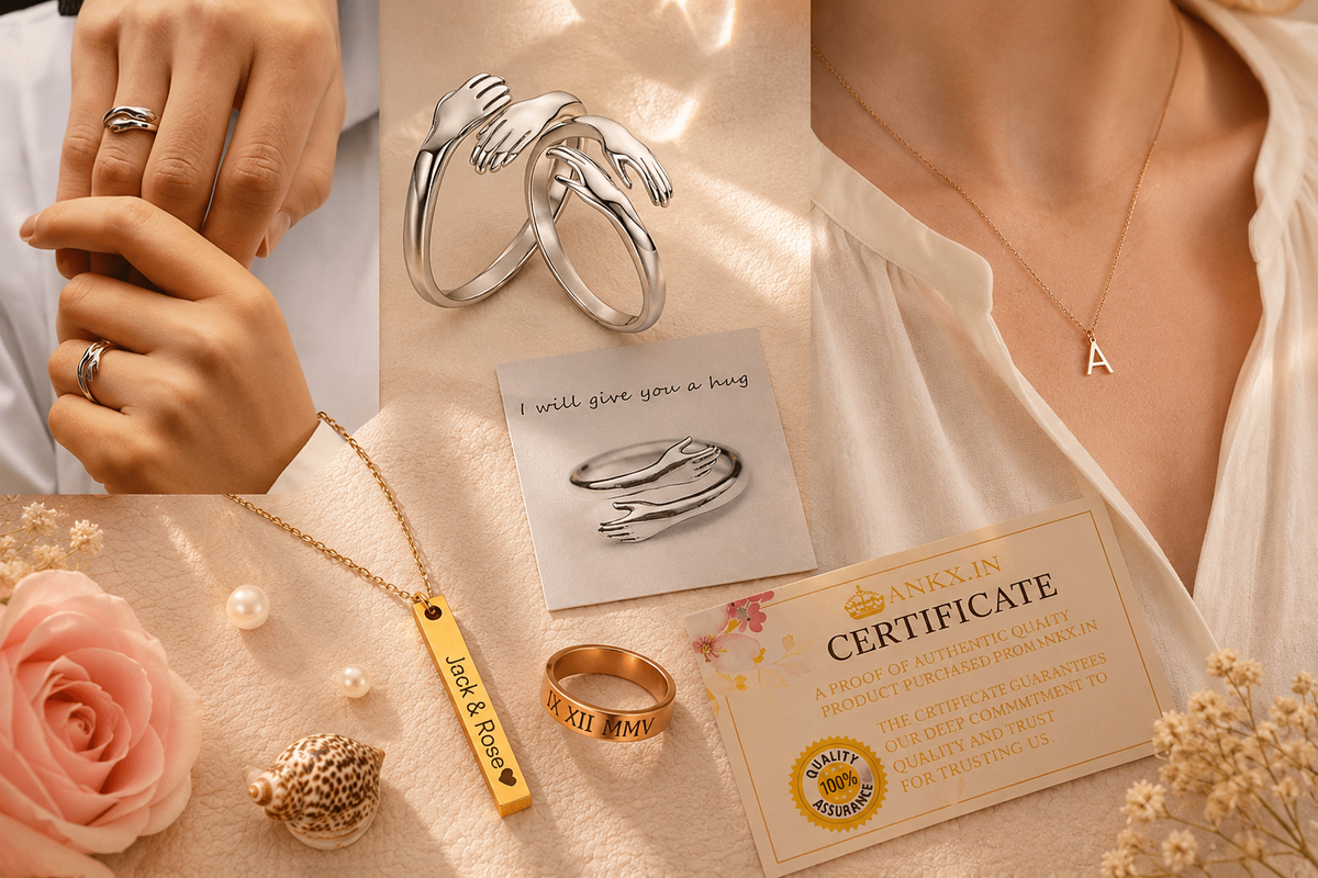 Elegant personalized jewelry gift collection featuring a Silver Hug Ring for Couples, Custom Initial Letter Necklace, Bar Name Necklace with custom engraving, and Personalized Name Ring, perfect for meaningful gifts that last forever.