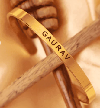 Personalised name bracelet engraved in silver and gold, custom jewelry gift