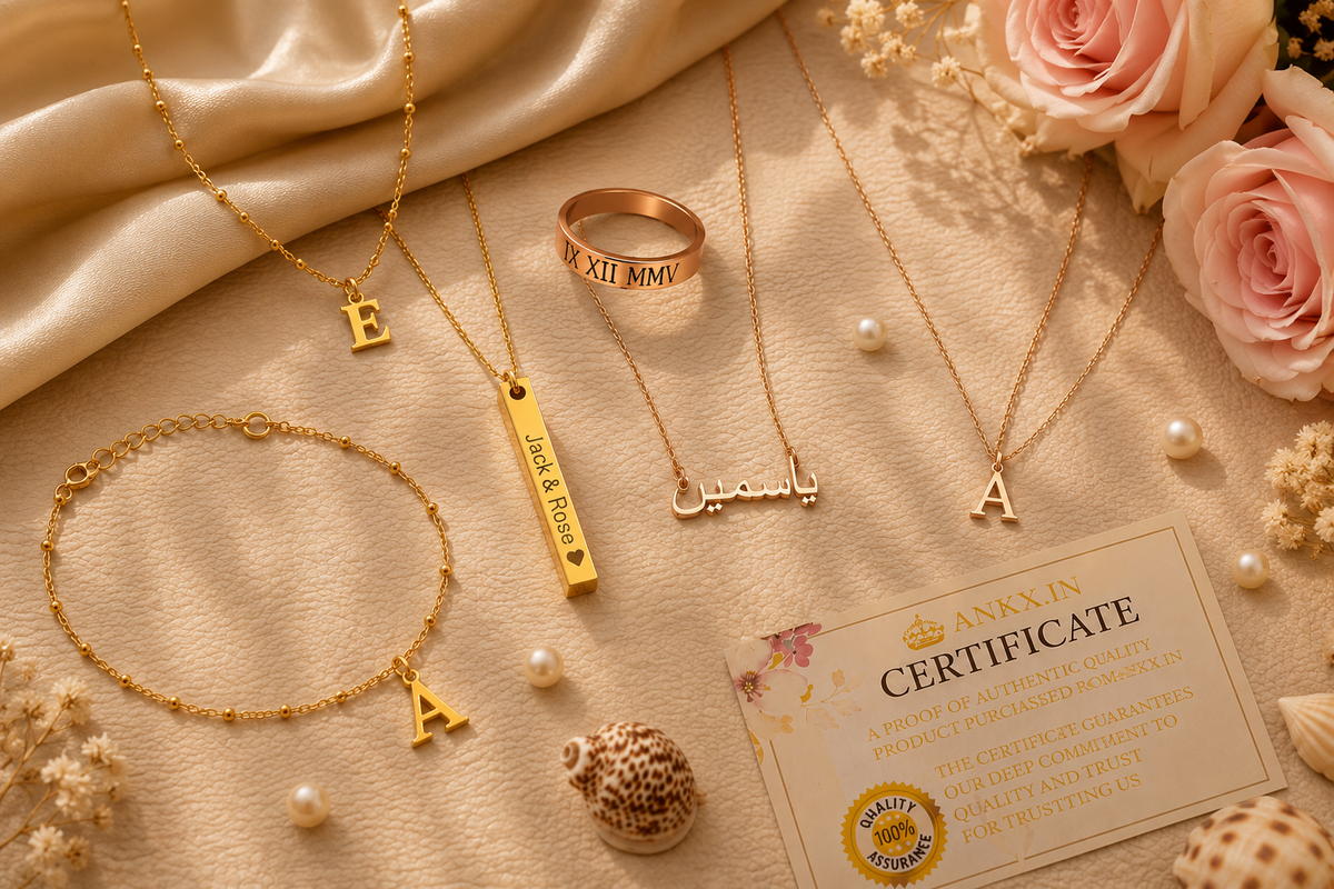Elegant flat lay featuring personalized gifts for women, including a custom initial necklace, Urdu name necklace, engraved bar name necklace, personalized name ring, and initial letter anklet from ANKX.