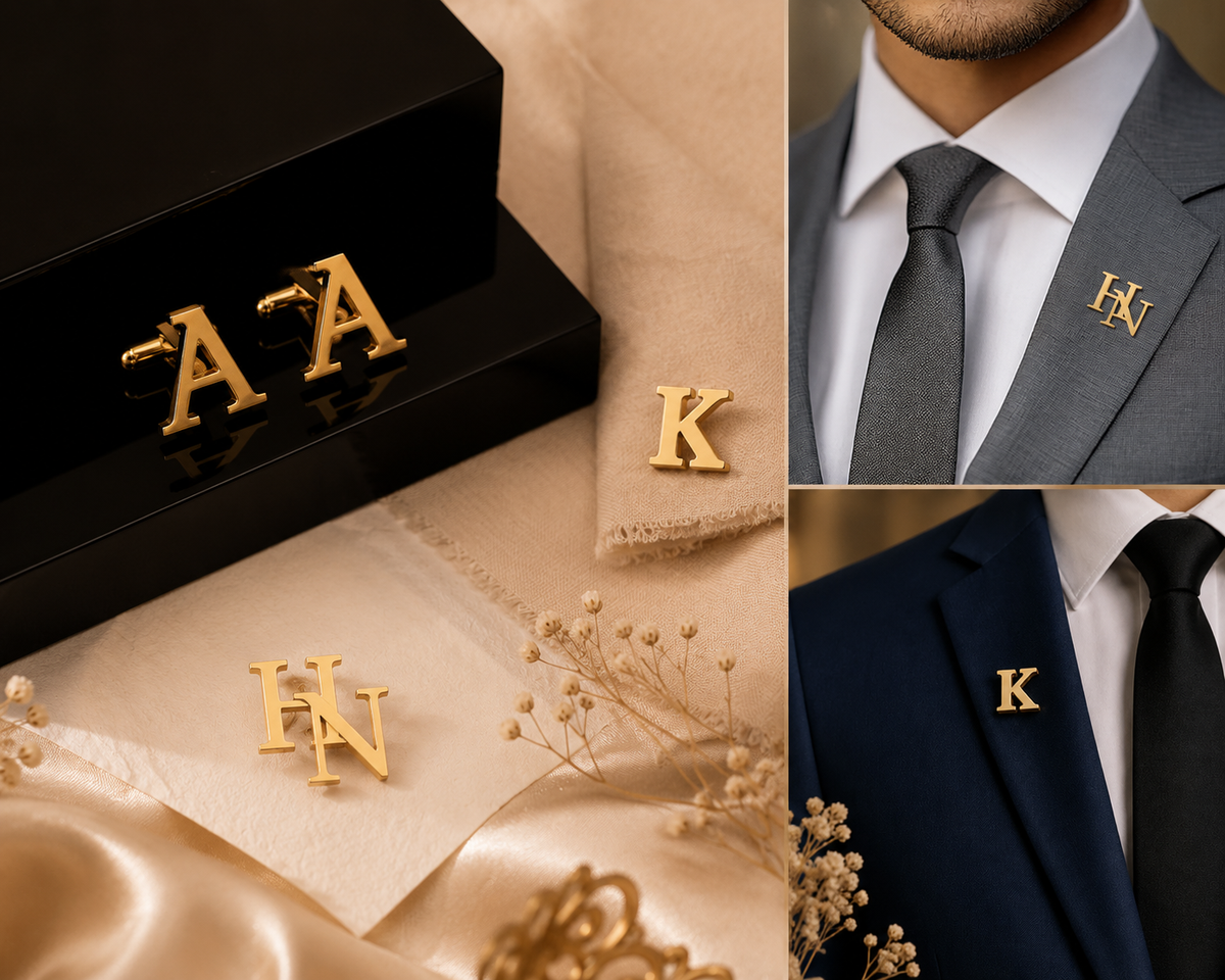 Custom initials brooch for men with alphabet lapel pins and personalized initial cufflinks styled with formal suits