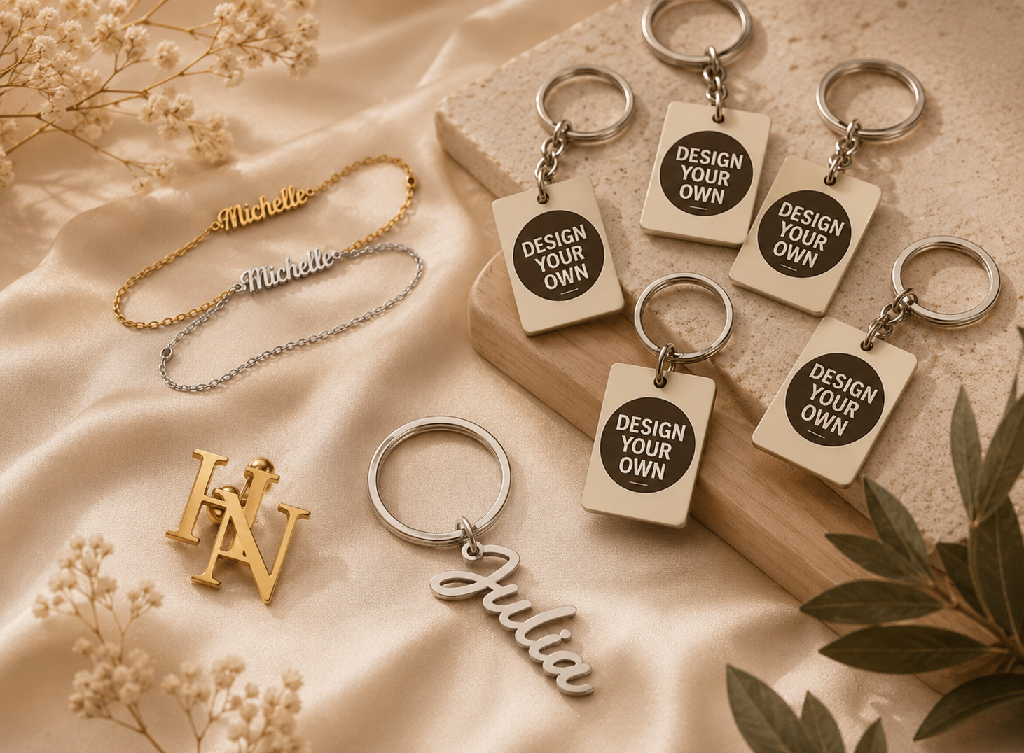 Luxury flat lay of personalized jewelry featuring custom name bracelets, personalized keychains, initial brooches, and custom name keychains for unique gift ideas.