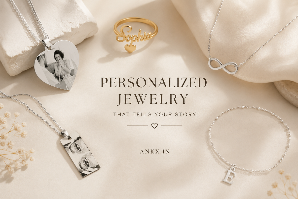 Personalized jewelry collection featuring custom photo pendant necklace, name ring, infinity necklace, engraved pendant and initial bracelet from Ankx.in