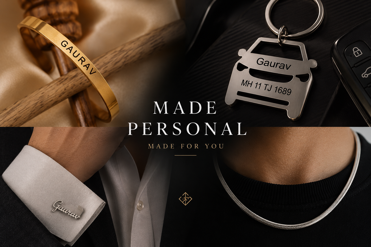 Premium personalized name jewelry collection featuring custom engraved name bracelet, personalized car keychain with vehicle number, custom name cuff brooch, and silver snake chain necklace for men by ANKX