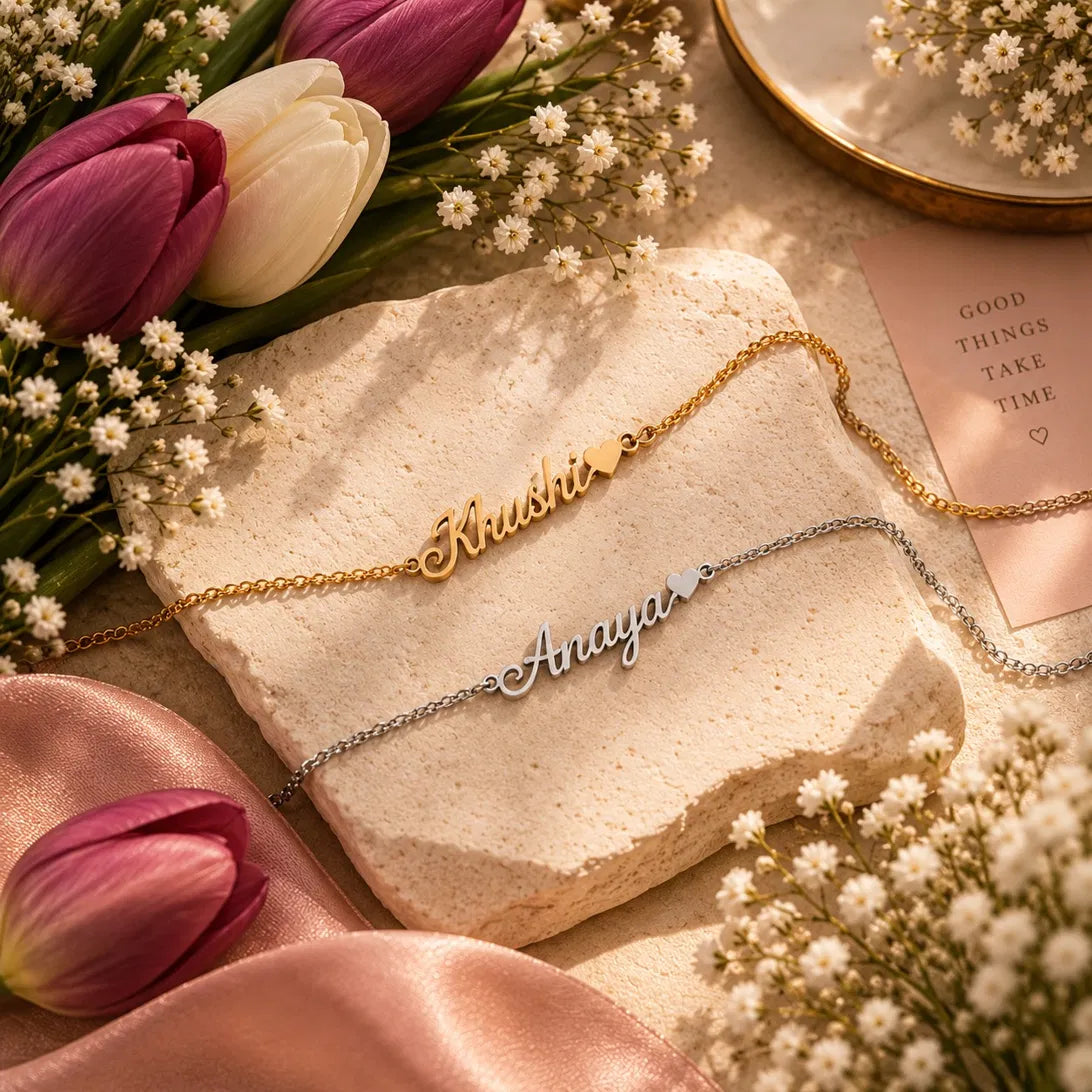 Gold and silver personalized name bracelets with heart charm styled as a rakhi gift idea for sisters