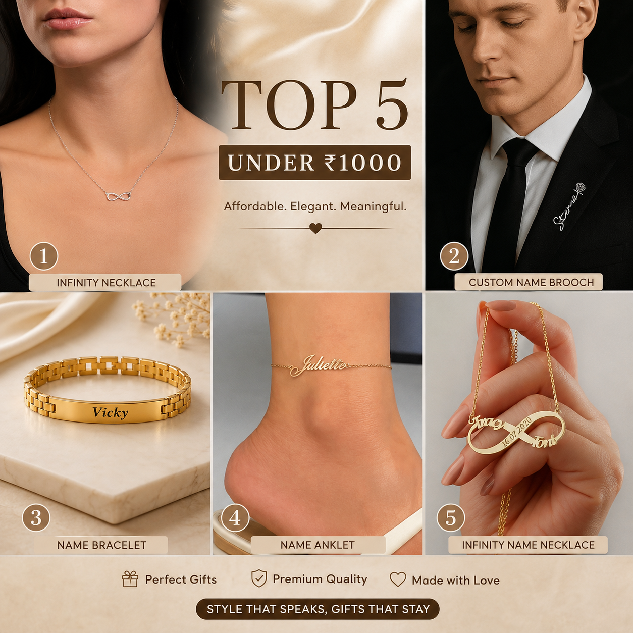 Top 5 customised gifts under 1000 — name necklace, anklet, chain bracelet, name brooch and infinity necklace