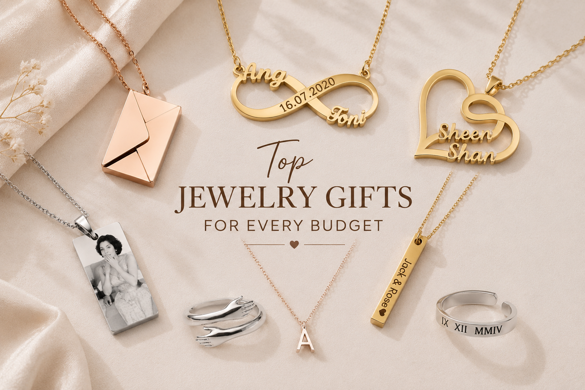 Collection of personalized jewelry gifts including a gold infinity necklace, heart name necklace, bar name necklace, initial letter necklace, silver hug ring, and engraved rings for every budget