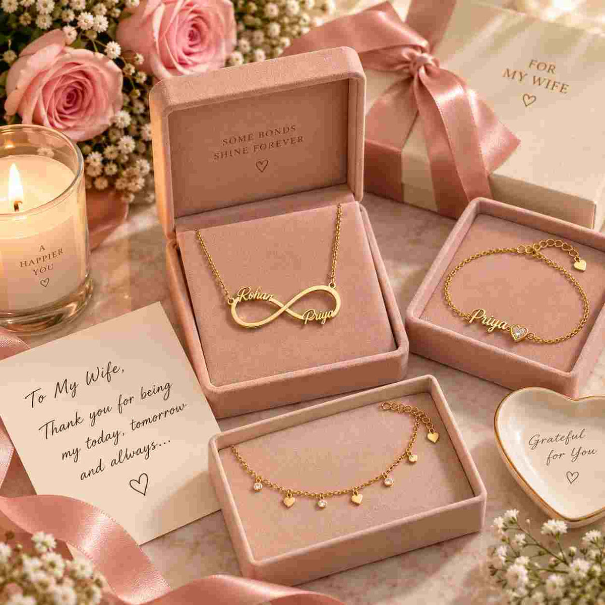 Personalized gold necklace, bracelet, and anklet arranged in elegant gift boxes for a wife, with pink roses and romantic gift accents
