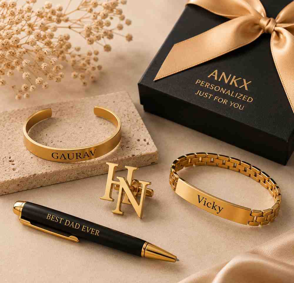 Best Gifts for Father in India featuring personalized gifts for dad including custom name bracelets, initial brooches, engraved accessories and premium personalized gifts by ANKX.