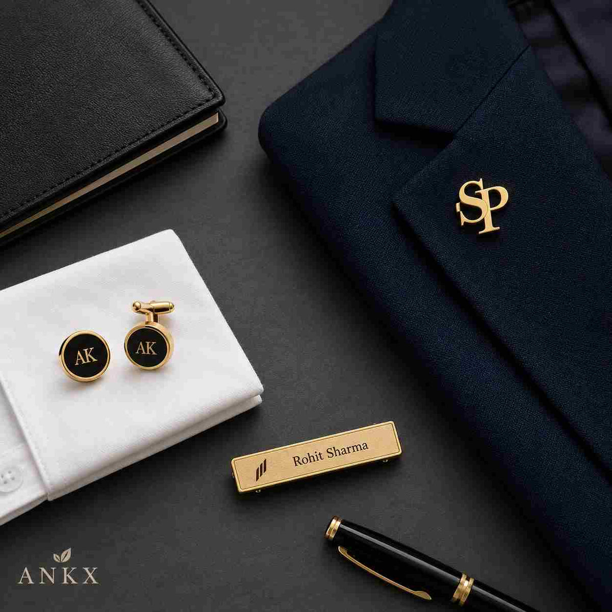 Corporate bulk gifts - personalized brooch, cufflinks & name tag by ANKX