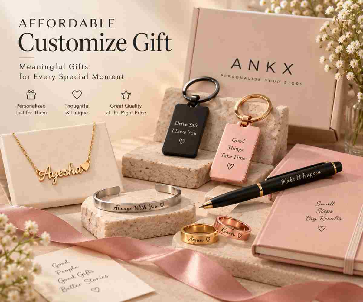 Affordable customized gifts from ANKX featuring name necklace, engraved keychains, personalized bracelet, rings, pen and notebook arranged in a soft pastel premium gift setting