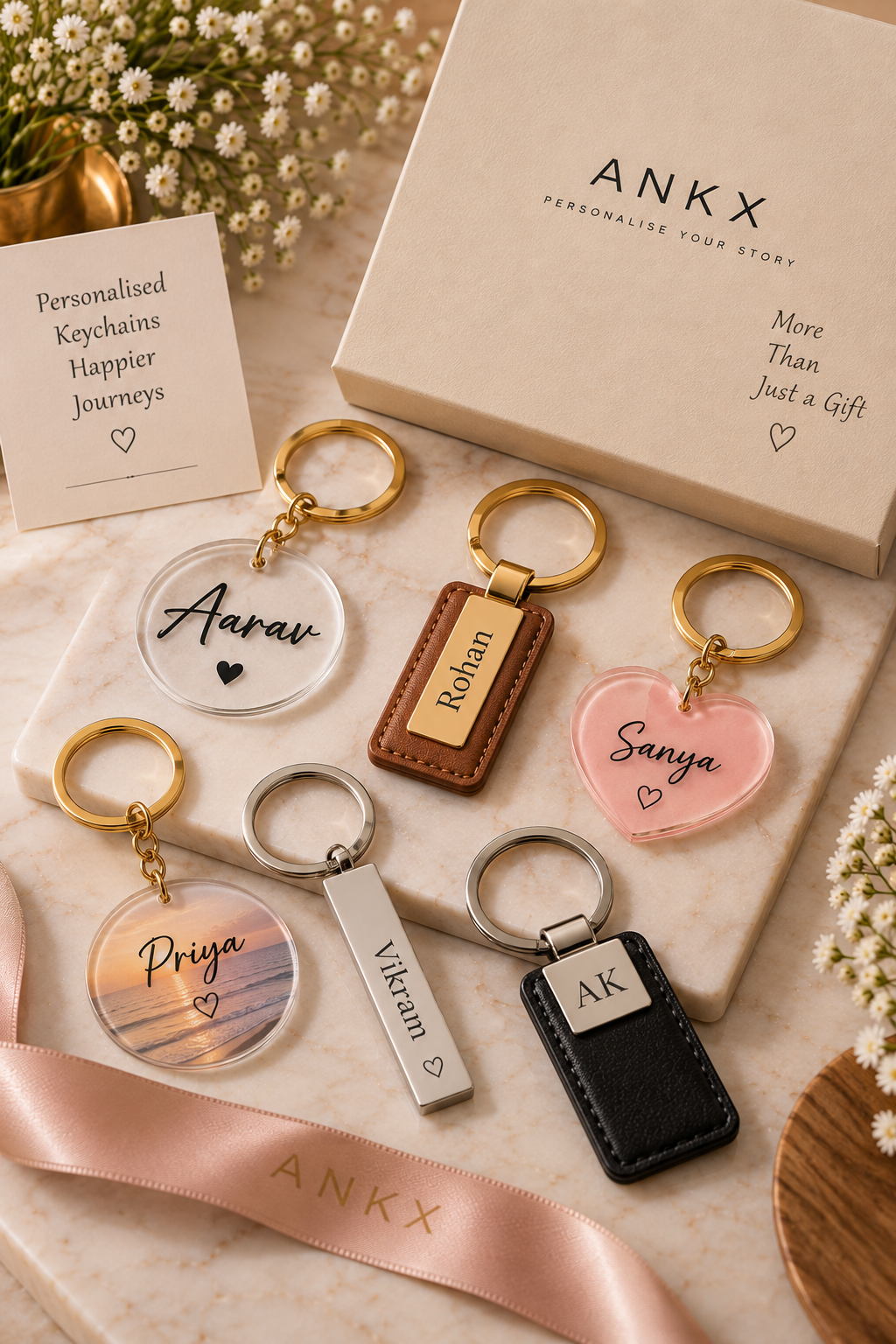 Personalized name keychains in acrylic, metal, and leather styles arranged with ANKX gift packaging, soft flowers, satin ribbon, and elegant accessories on a marble surface