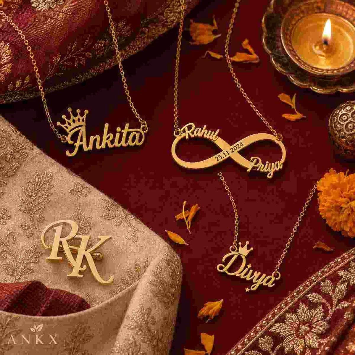 Shaadi gifts - personalized name necklace, brooch & couple necklace by ANKX