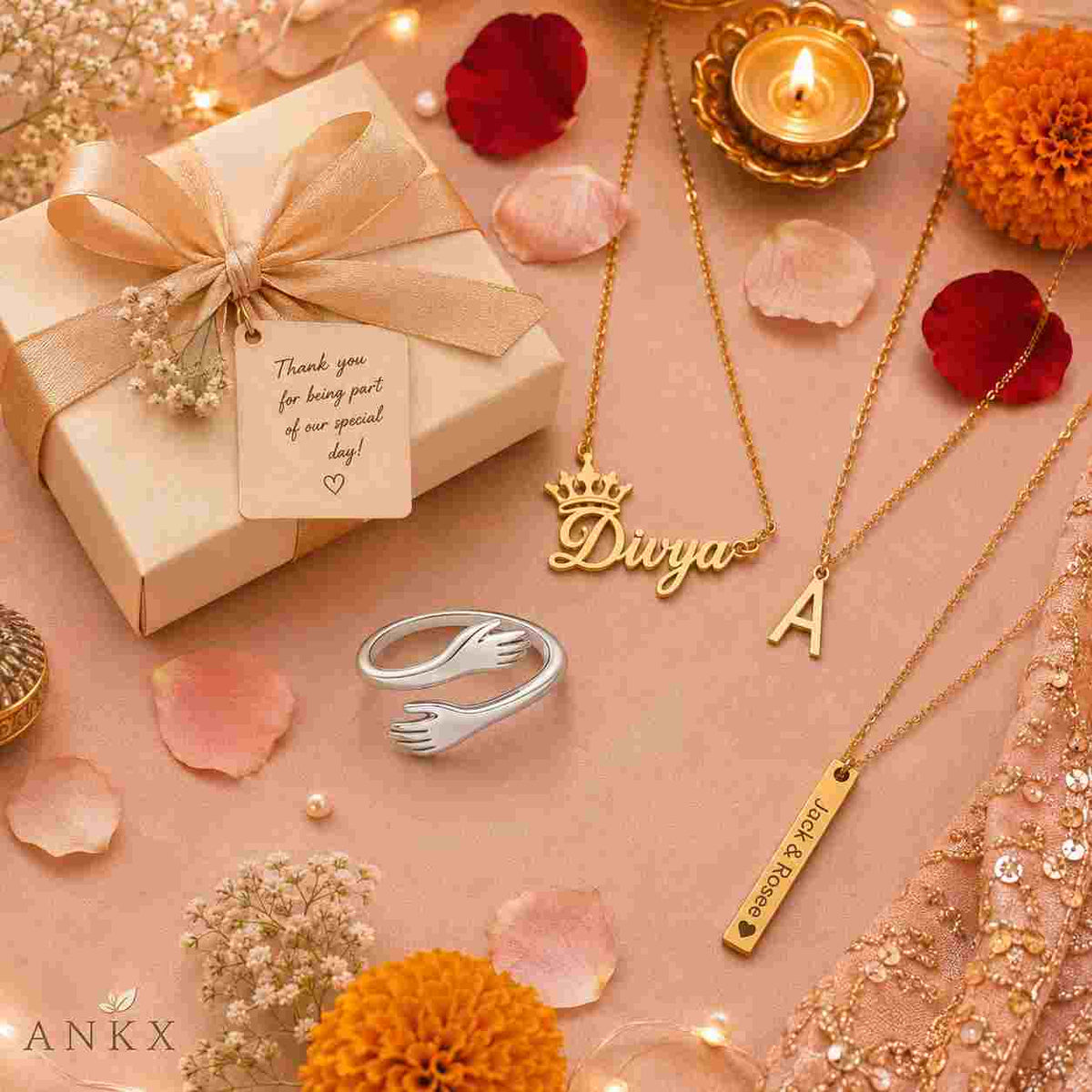Wedding return gifts ideas - personalized name necklace, hug ring & gift box by ANKX