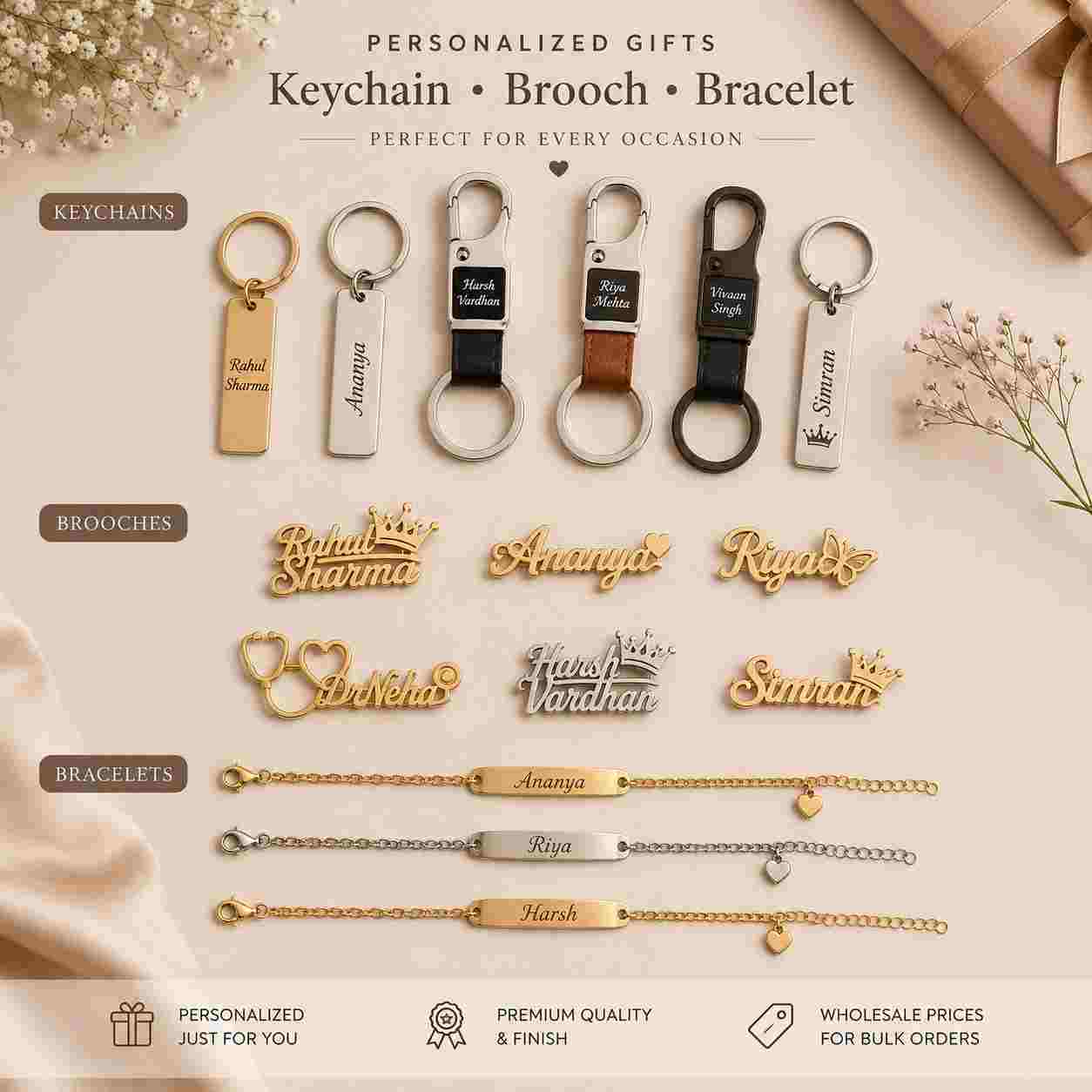 Wholesale Wedding Return Gifts, KEYCHAINS, BROOCH, BRACELET