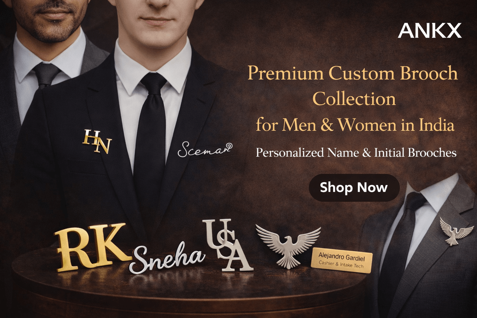 Premium custom brooch collection for men and women in India featuring personalized name and initial brooches by ANKX