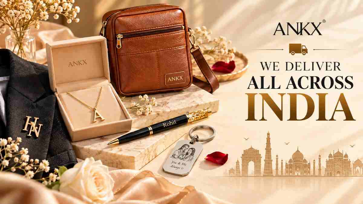 ANKX personalised gifts and jewellery with nationwide delivery across India, featuring custom necklaces, initial brooches, engraved keychains, premium pens, and leather bags.
