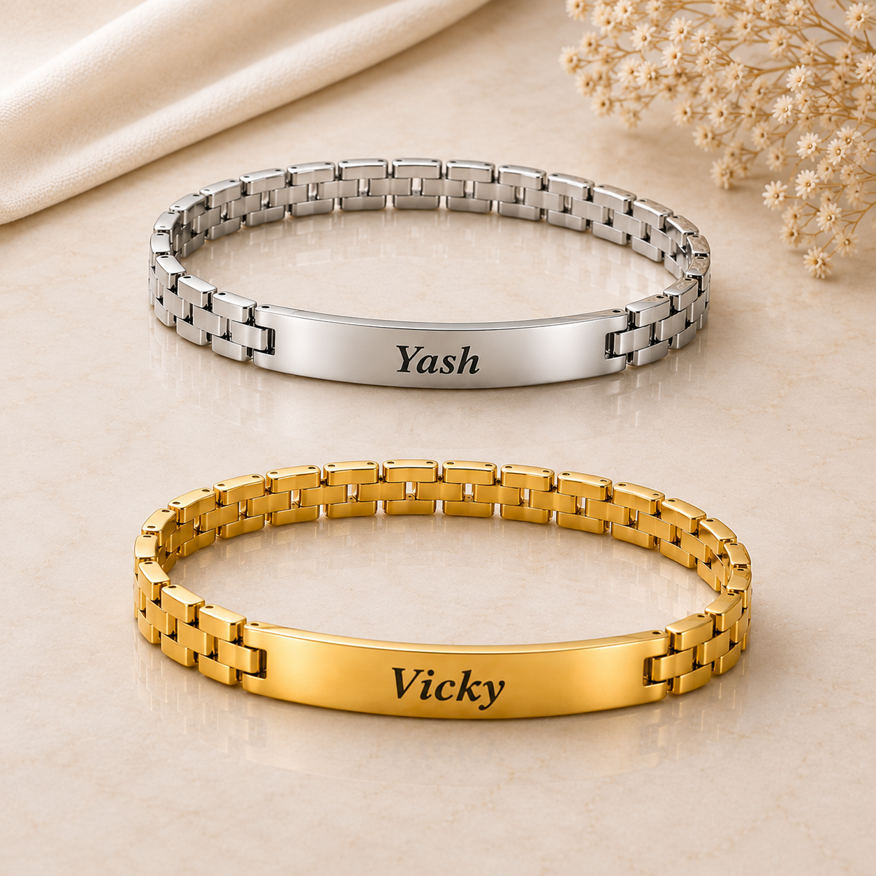 Personalised chain name bracelet in silver and gold finish for men and women custom engraved name jewellery