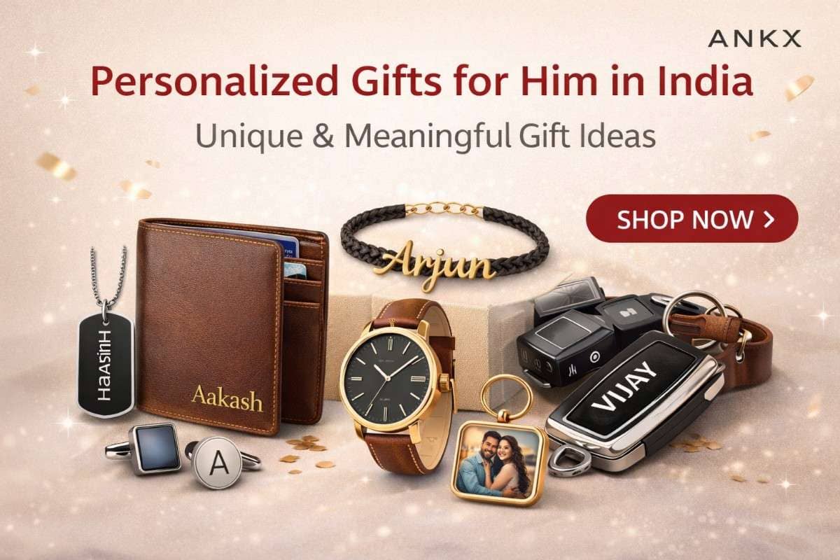 Personalized gifts for him in India featuring custom name necklace, engraved bracelet and photo gift by ANKX