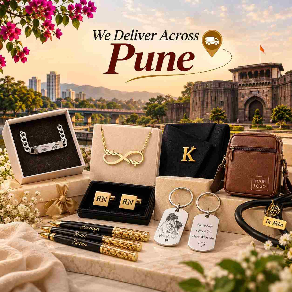 ANKX personalized jewellery and corporate gifts with delivery across Pune, featuring Shaniwar Wada and premium gift accessories