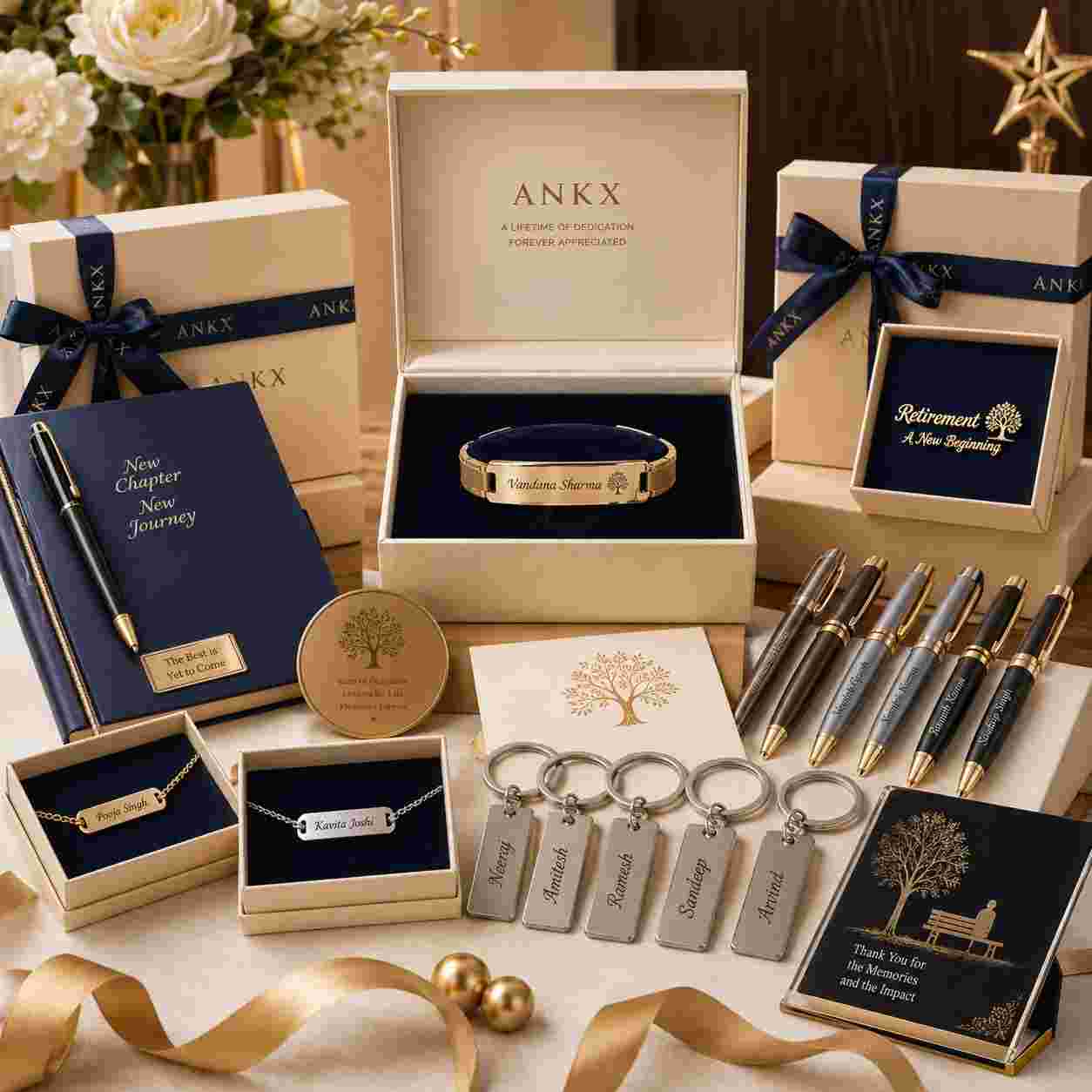 retirement gifts, bulk order, gifts, custom, personalised, ankx, pens, diary, keychains, brooches